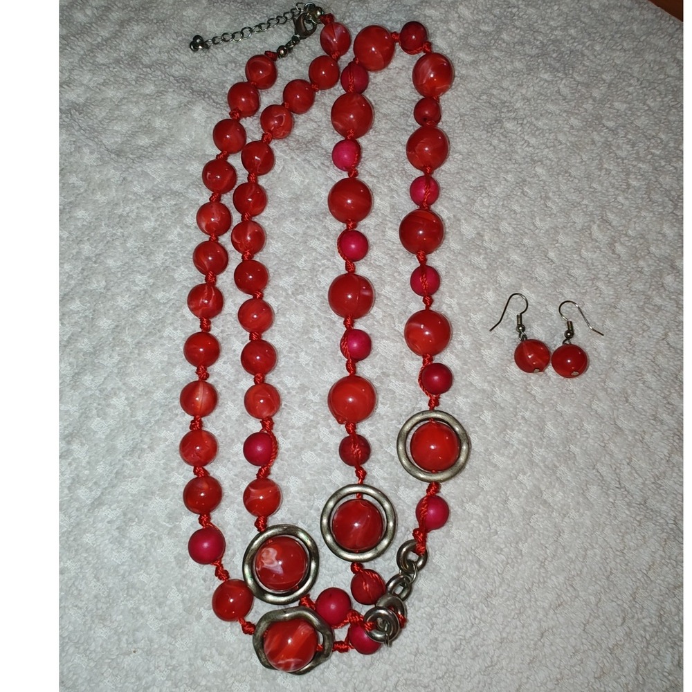 Jewelry Set Red Marbled Beaded Multi Strand Necklace and Drop Earrings Set